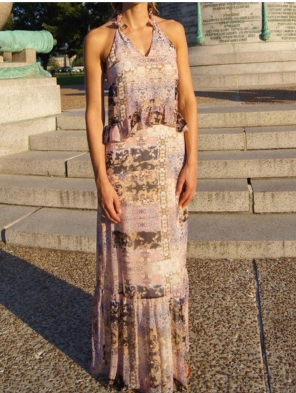 BCBGeneration Pink and Cream Patchwork Halter Maxi Dress